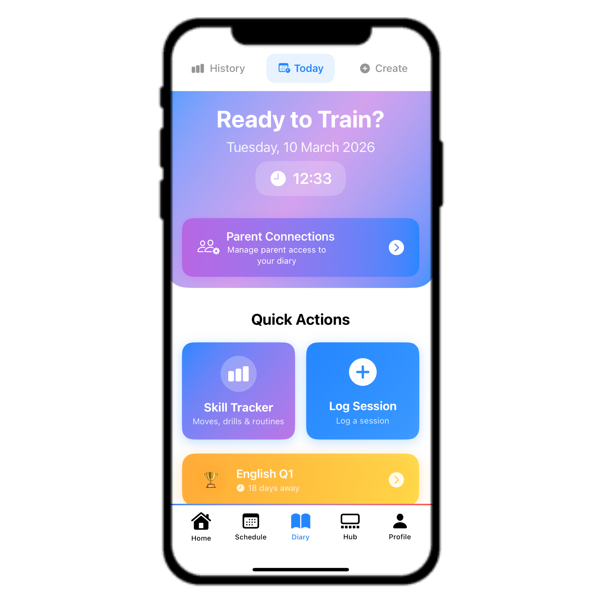 ChalkUp training diary app screen showing quick actions and session logging